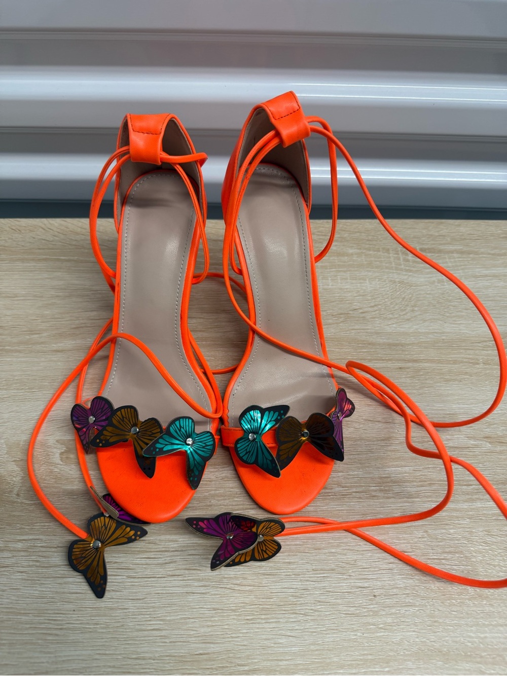 Women's Orange Lace-Up Sandals with Butterfly Accents